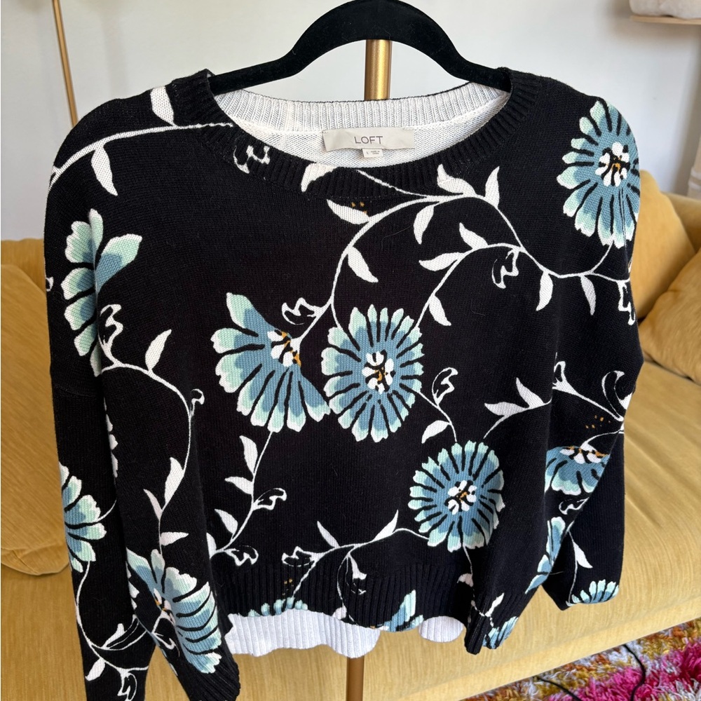 LOFT Black Crewneck Sweater with Blue Floral Motif - Picture 3 of 8